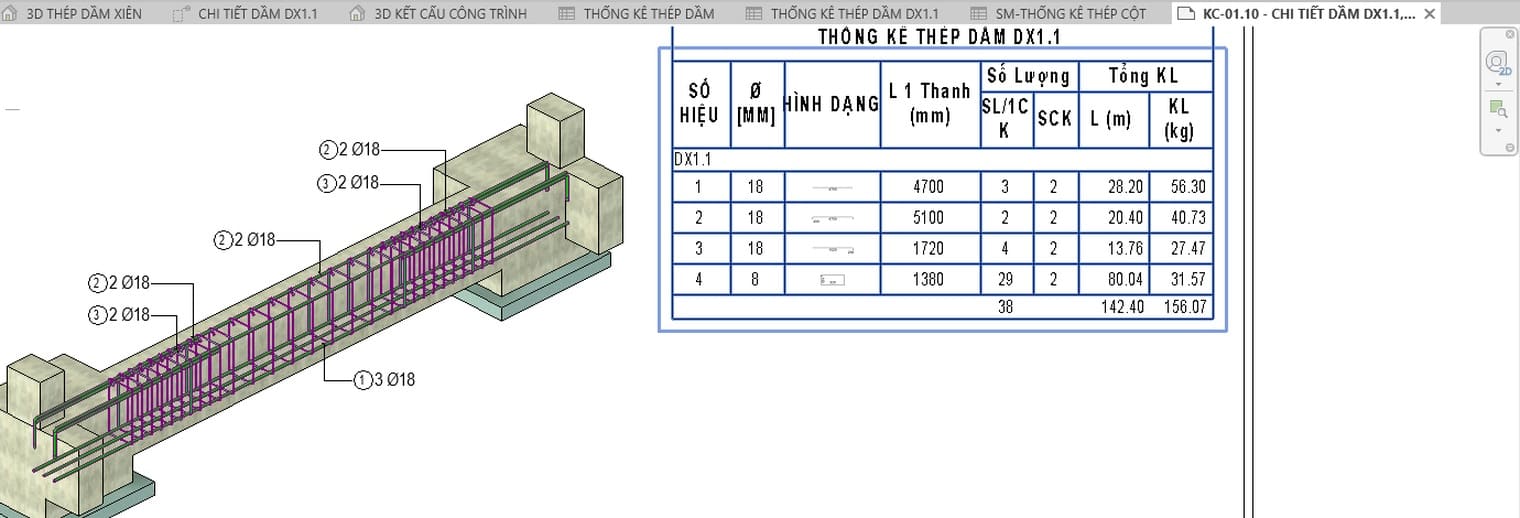 A rebar schedule for one beam placed on a Revit 2027 sheet, the shape column drawing every bent bar