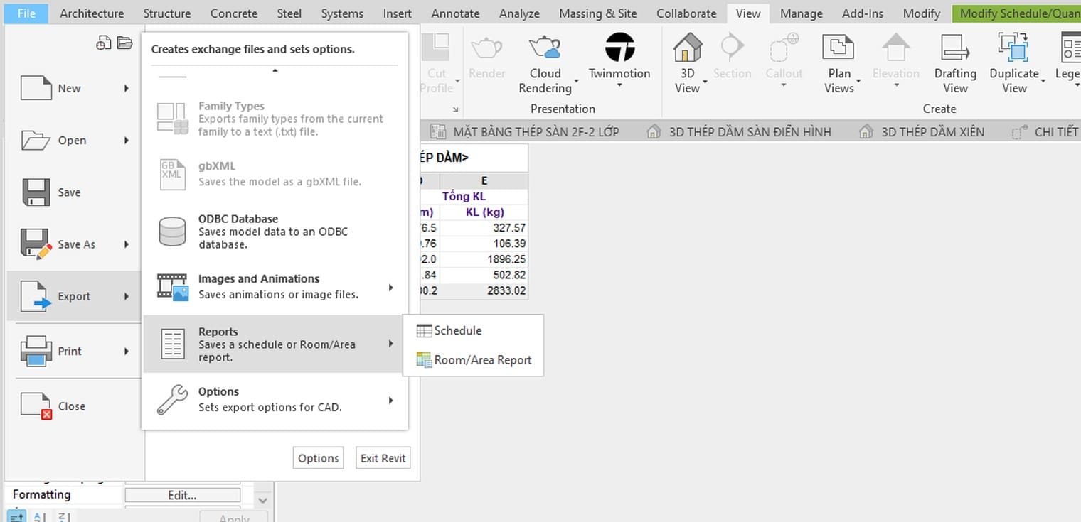 The File Export menu scrolled down to Reports, whose submenu holds Schedule and Room Area Report