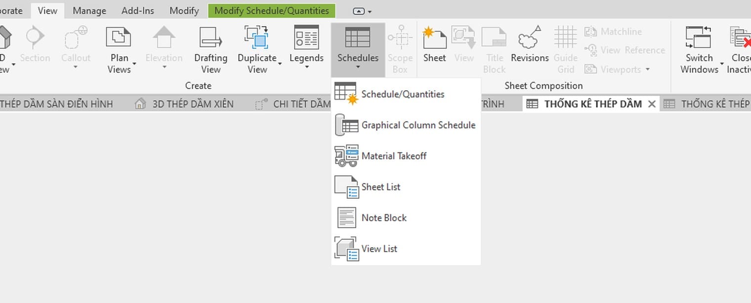 The Schedules drop-down on the View tab with six entries, the first being Schedule Quantities