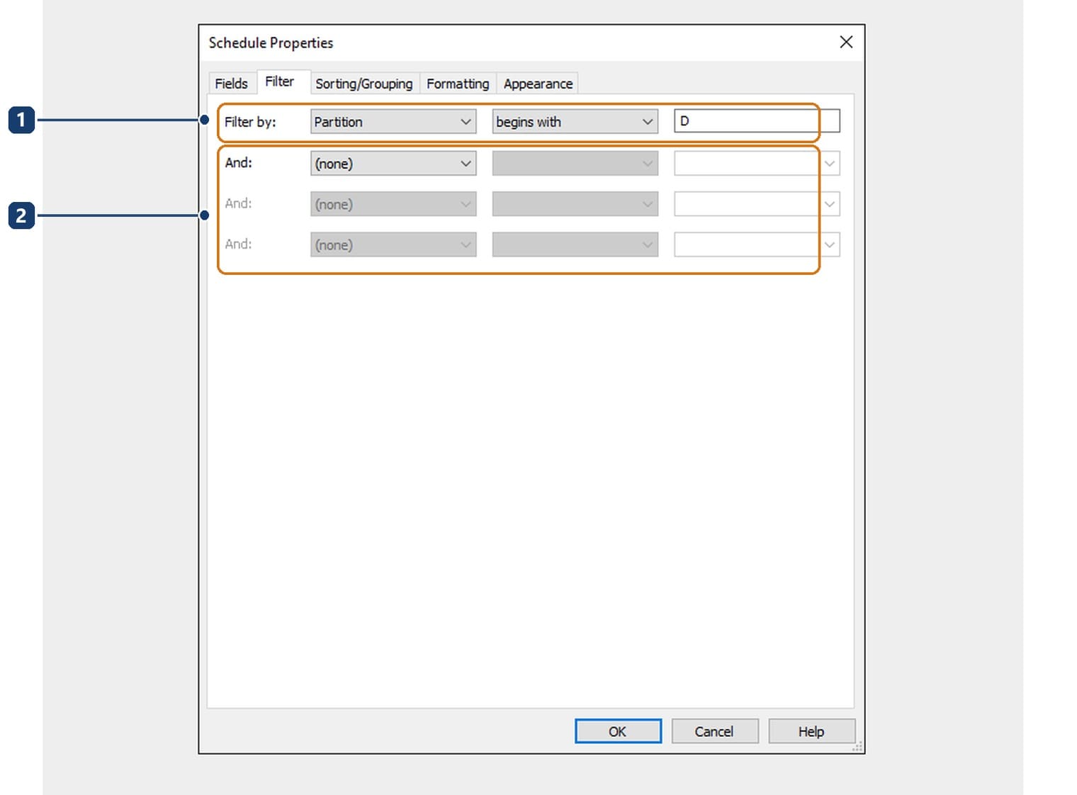 1 the Filter by row with the field, the operator and the value. 2 three And rows for further conditions