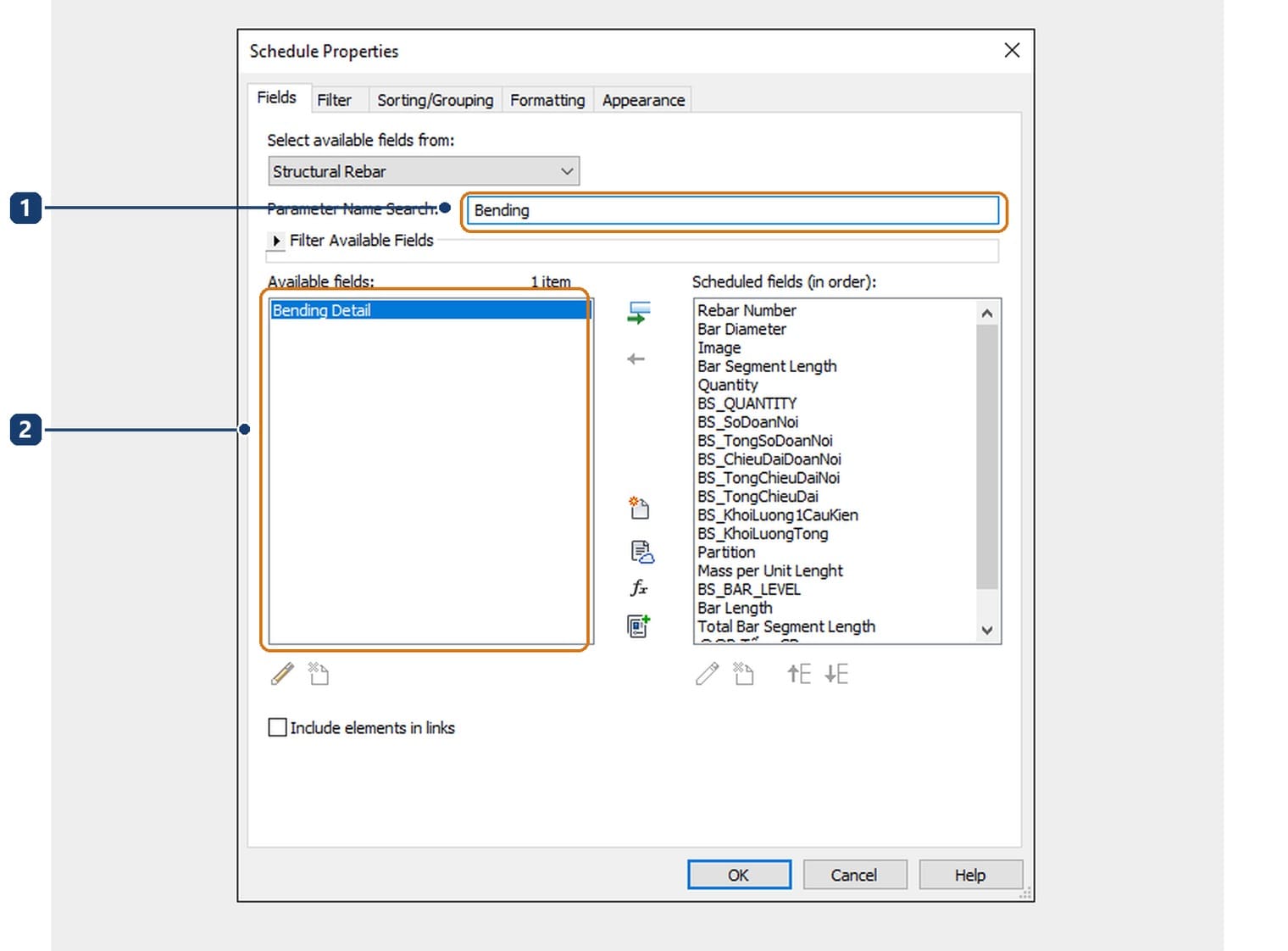 1 the string Bending typed into the search box. 2 the list reduced to a single Bending Detail field