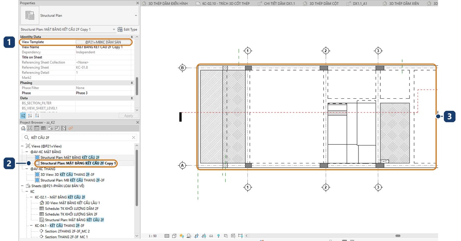 1 bản sao vẫn mang View Template của bản gốc. 2 bản sao mới trong Project Browser. 3 mặt bằng không còn kích thước và tag