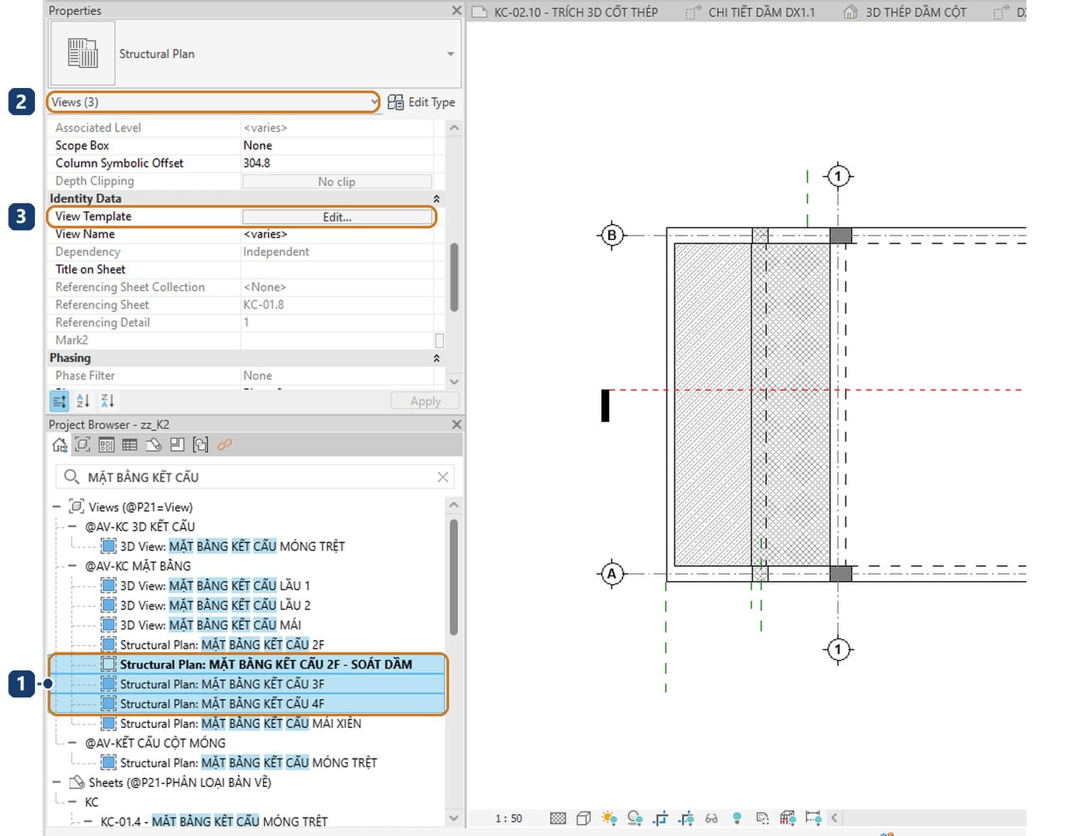 1 ba mặt bằng được chọn cùng lúc. 2 Properties ghi Views 3. 3 nút gán View Template chung