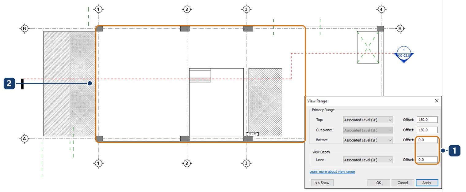1 Bottom và View Depth cùng đặt bằng 0. 2 vùng mặt bằng mất hết nét đứt của dầm