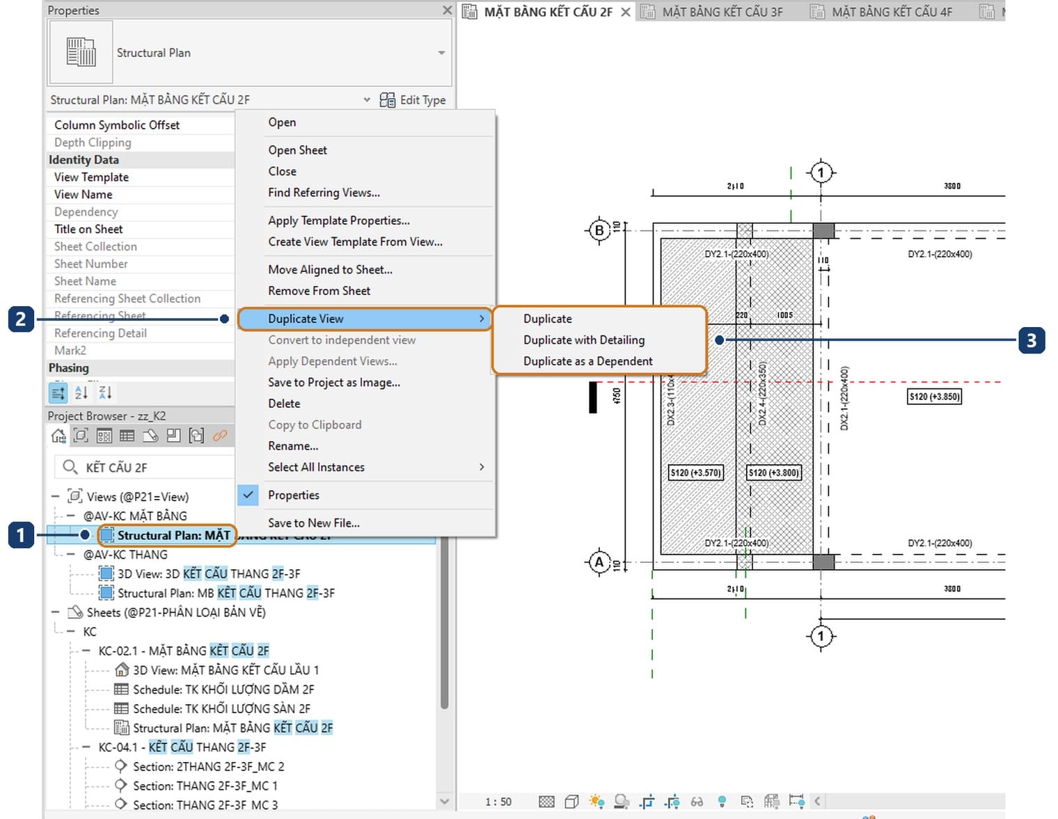 1 mặt bằng vừa bấm phải. 2 mục Duplicate View trong menu chuột phải. 3 ba kiểu nhân bản khung nhìn