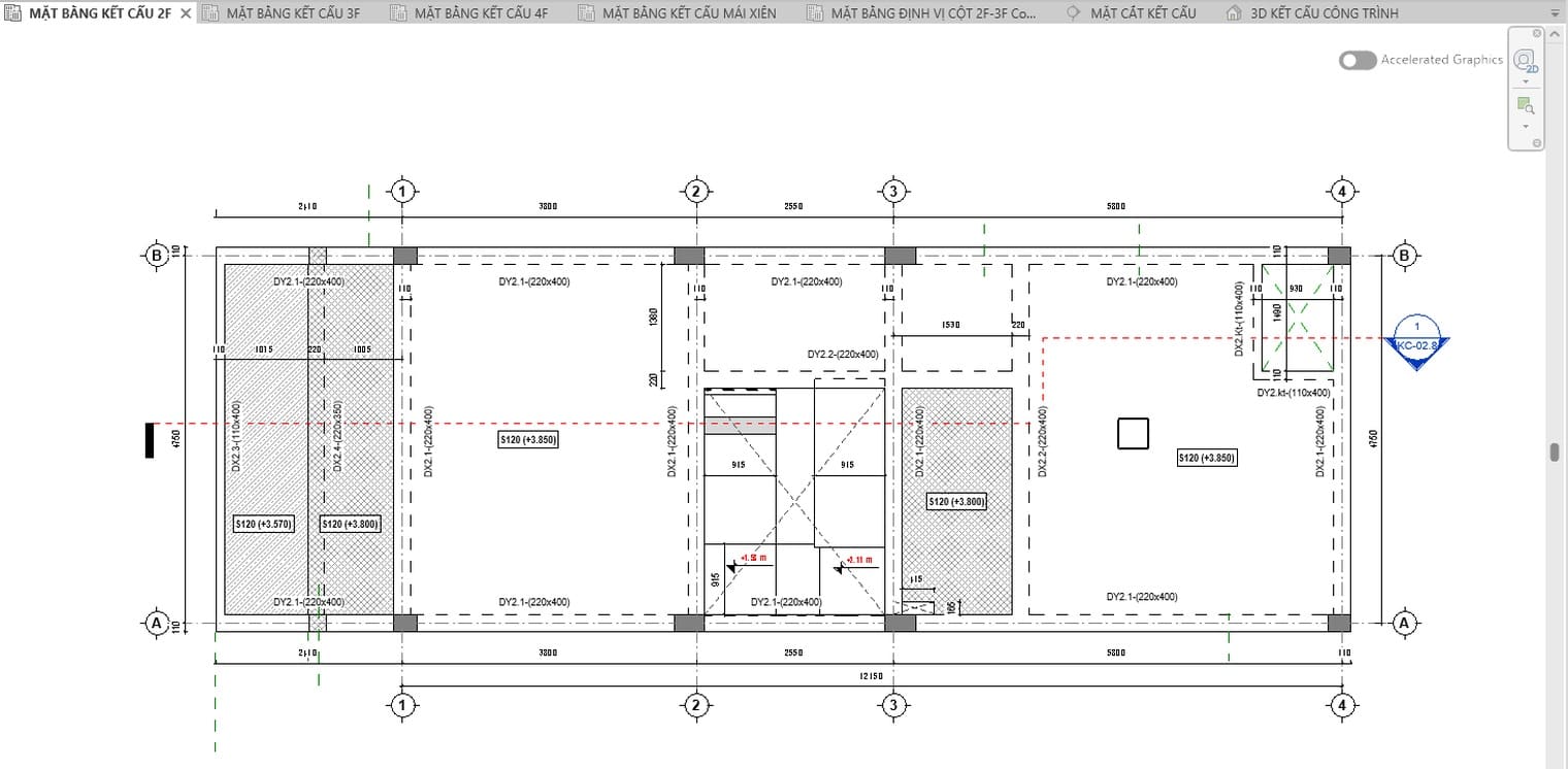 Mặt bằng kết cấu tầng 2 trong Revit 2027: cột cắt đậm, dầm dưới sàn vẽ nét đứt, ô sàn ghi cao độ
