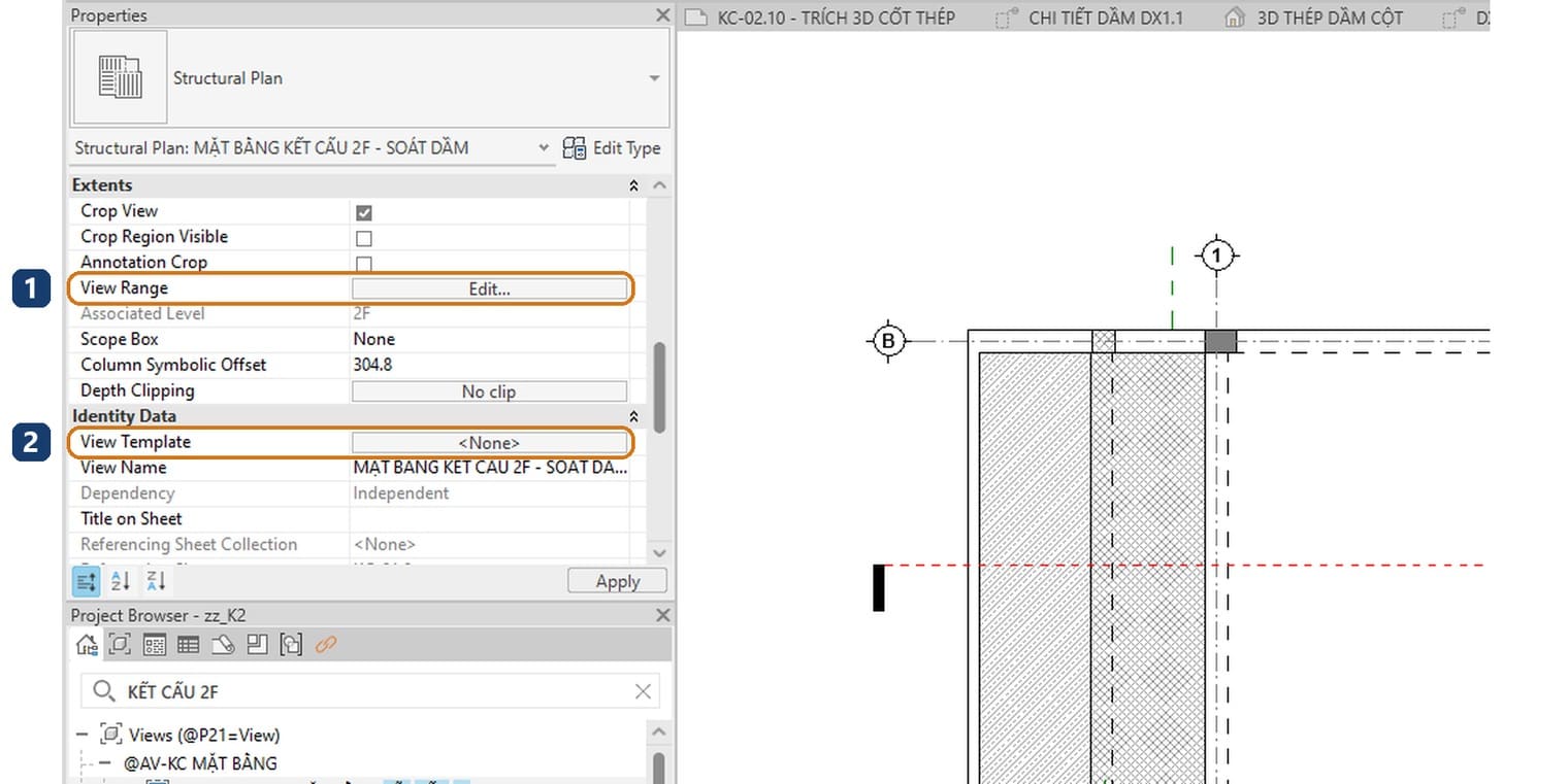 1 nút Edit của View Range đã sáng. 2 View Template đã về None