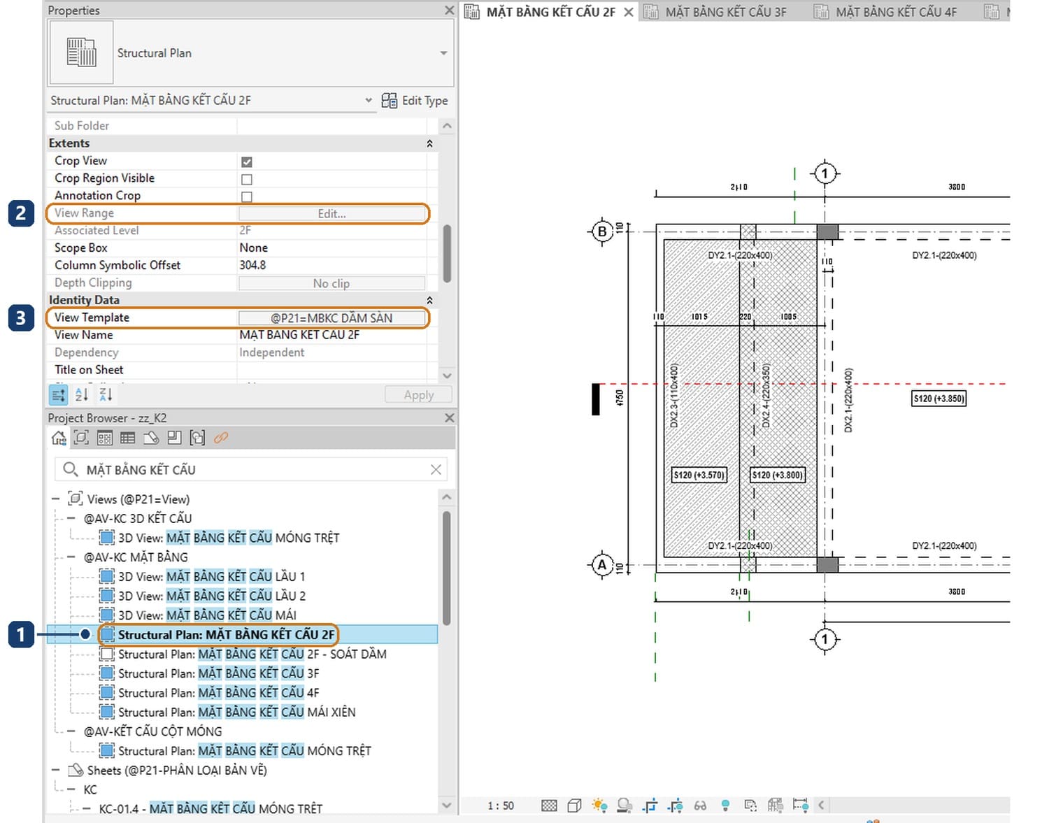 1 mặt bằng kết cấu tầng 2 trong Project Browser. 2 dòng View Range với nút Edit bị mờ. 3 dòng View Template đang gán mẫu MBKC DẦM SÀN
