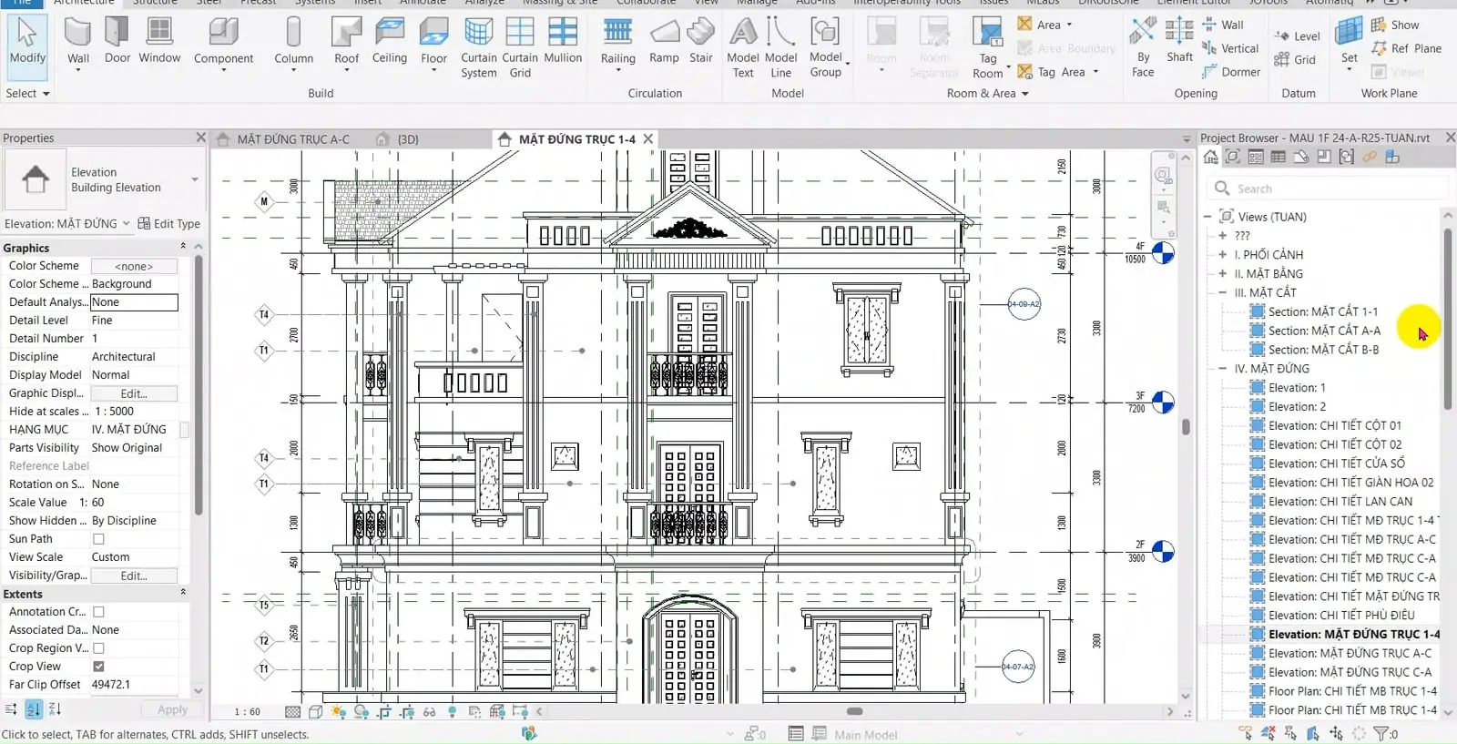 A Revit Architecture lesson on screen: the elevation on grids 1-4 and the project browser listing plans, sections, elevations and details