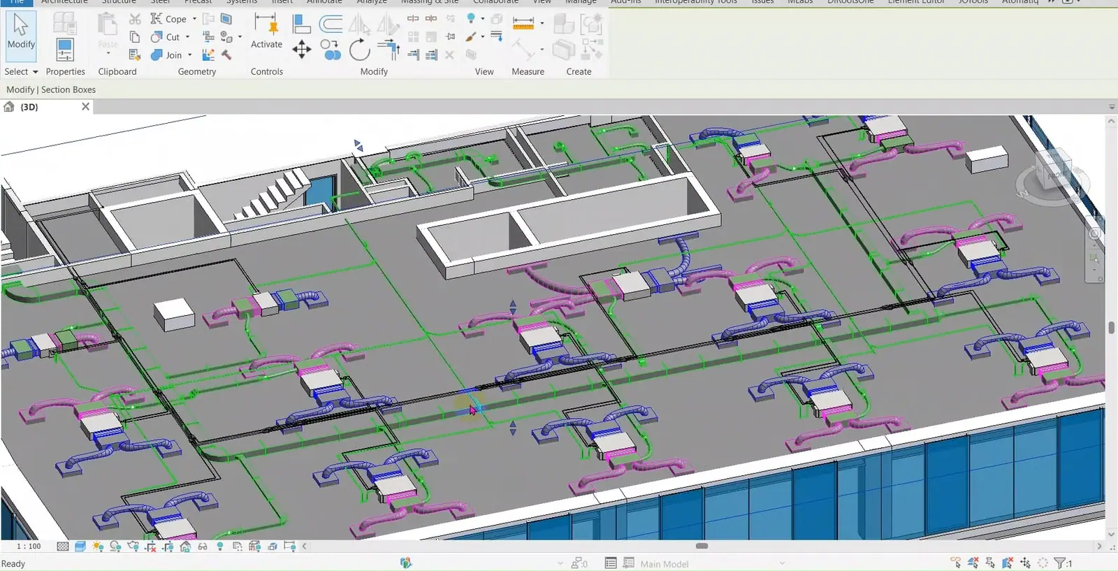 A lesson on screen: a 3D model of one storey with the architecture, ductwork and air-conditioning units, cut with a section box