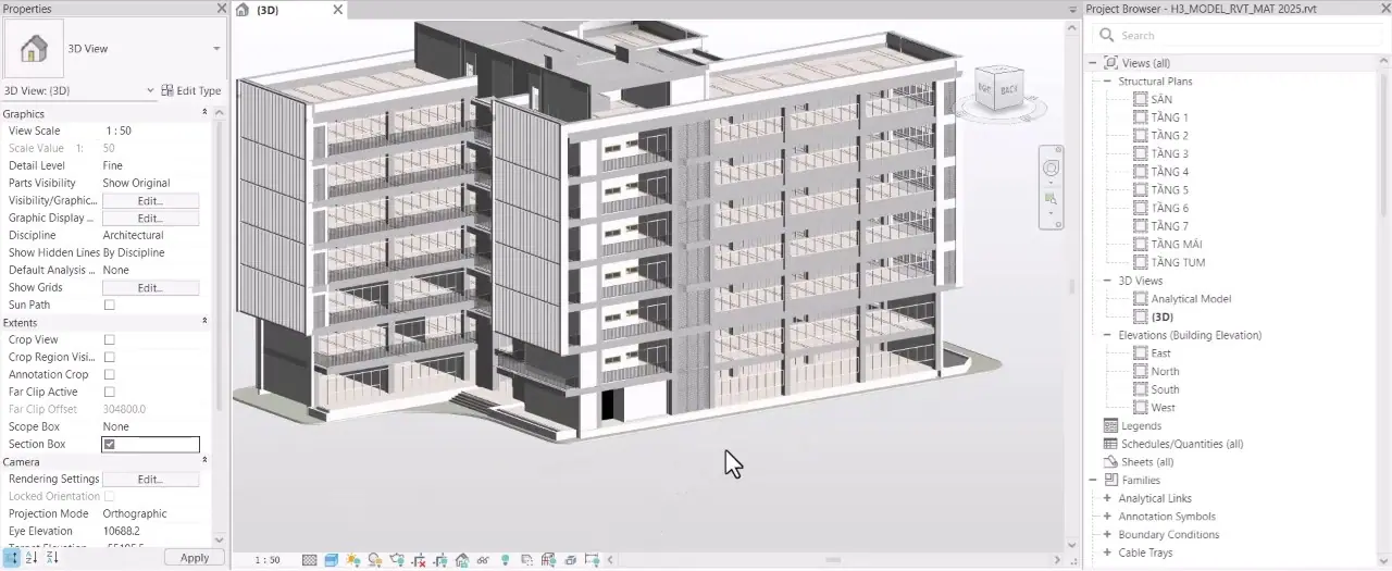 A lesson on screen: the structural model of a seven-storey building in Revit, with floor-by-floor structural plans and an analytical model view in the Project Browser
