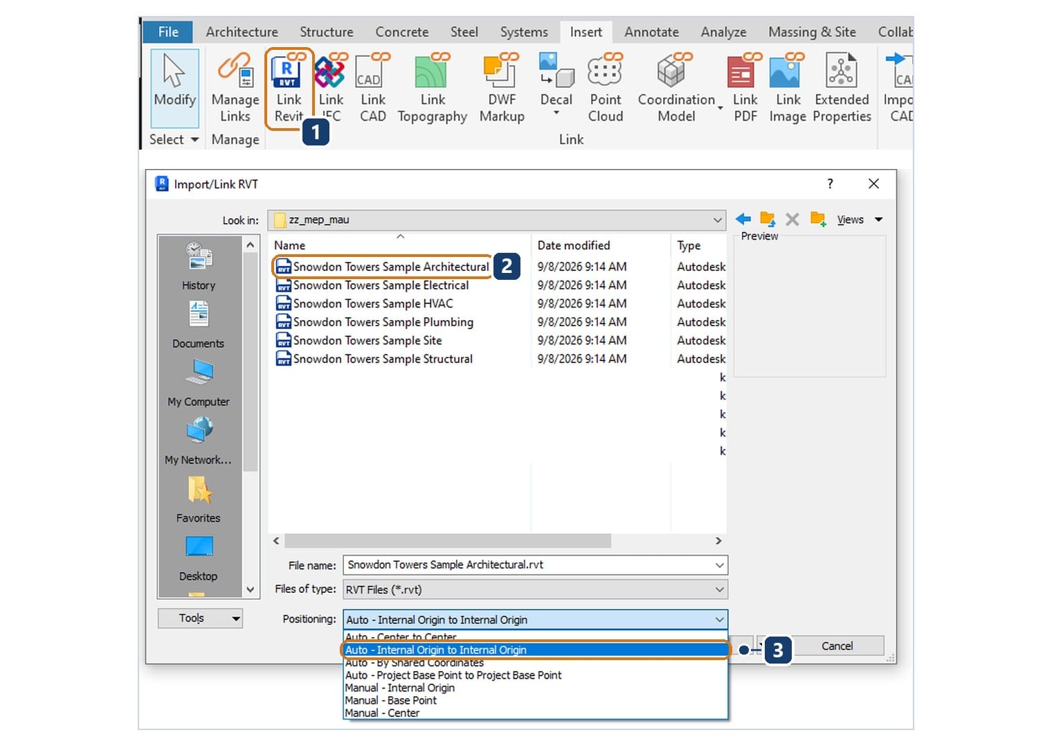 Nút Link Revit và hộp Import/Link RVT