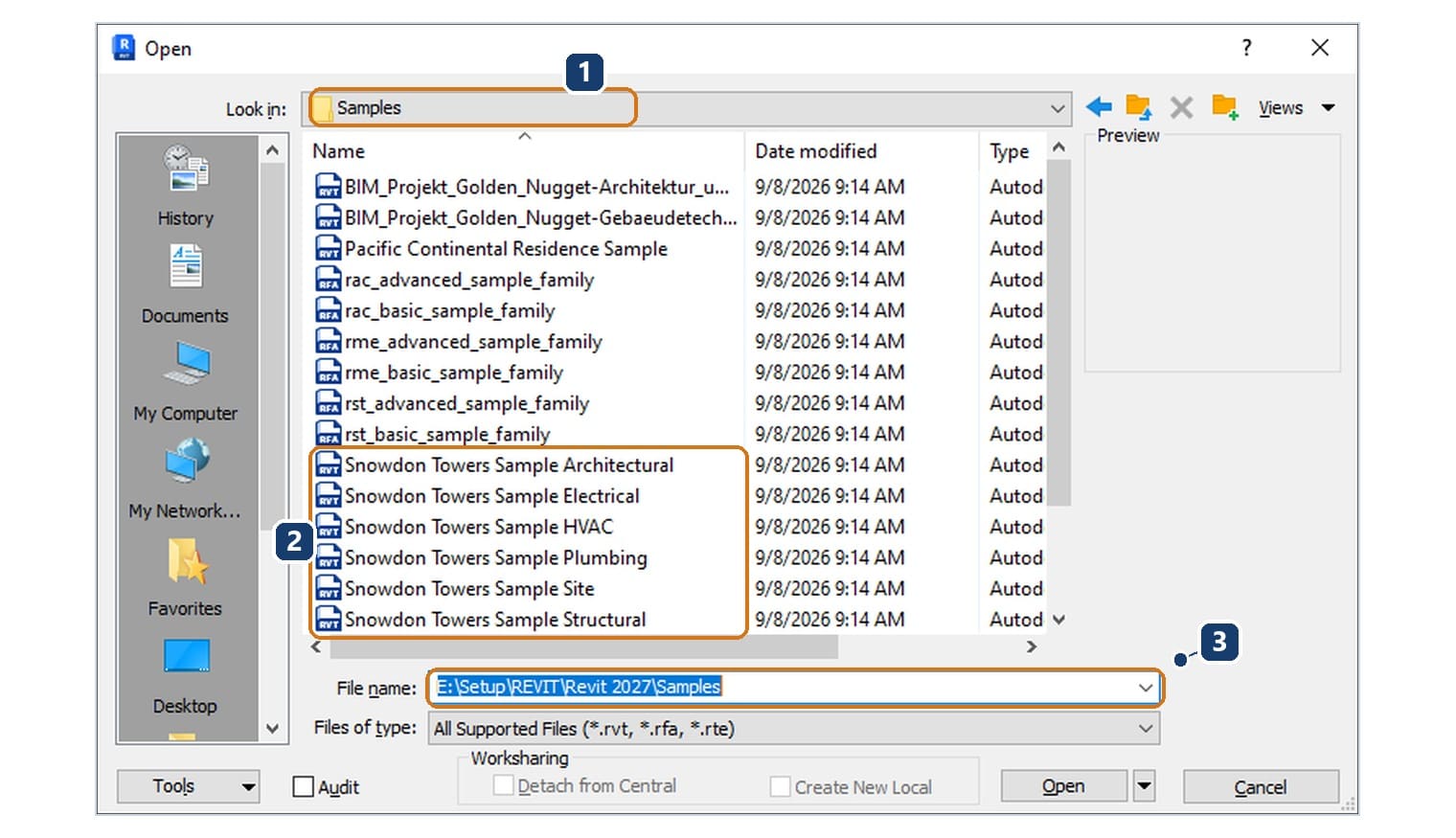 Thư mục Samples của Revit 2027 trong hộp Open