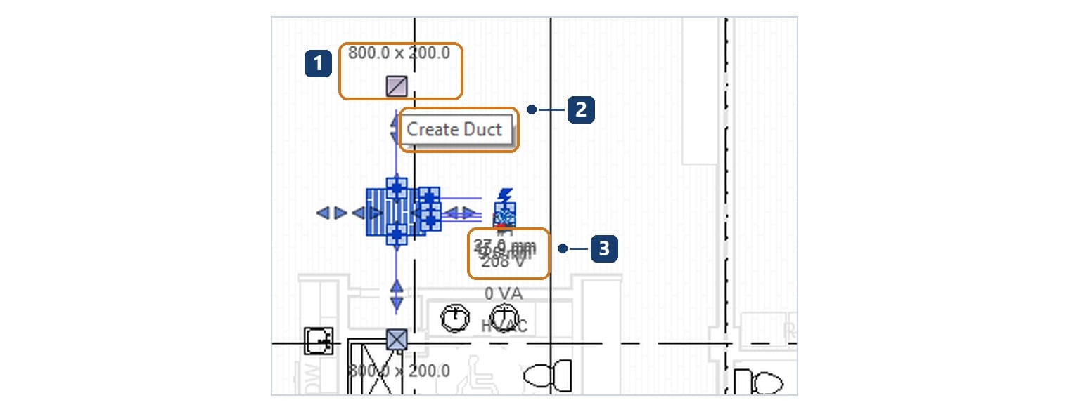 1 hai connector ống gió ghi cỡ 800 × 200; 2 rê vào hiện Create Duct; 3 connector điện 208 V