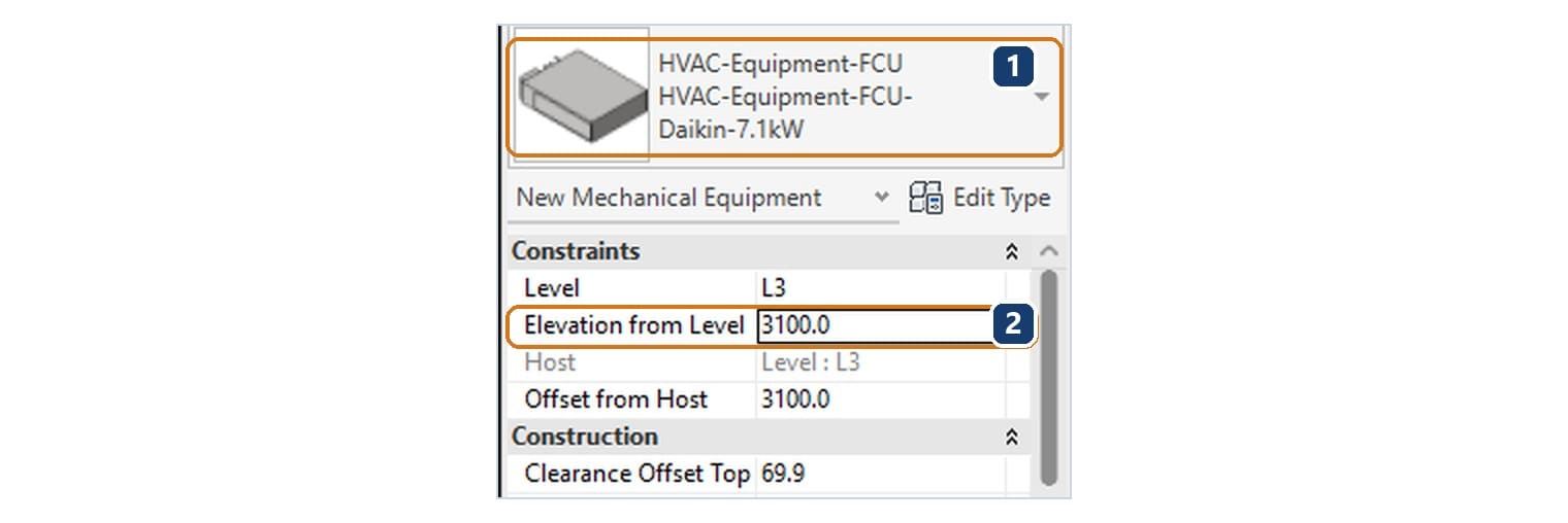 Properties của dàn lạnh sắp đặt: 1 Type Selector; 2 Elevation from Level 3100, cao độ đáy máy so với cao độ tầng
