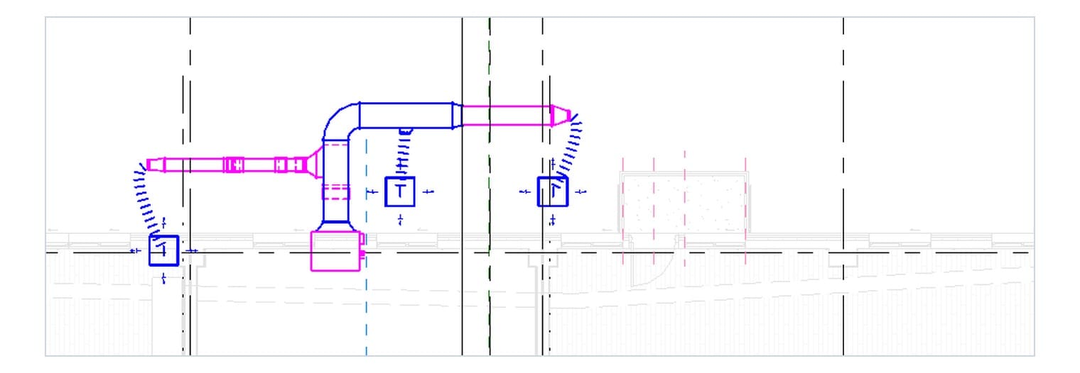 Tuyến ống gió cấp của một căn hộ: FCU, ống chữ nhật, côn thu, tê, đoạn chuyển cao độ và ba miệng gió nối ống mềm