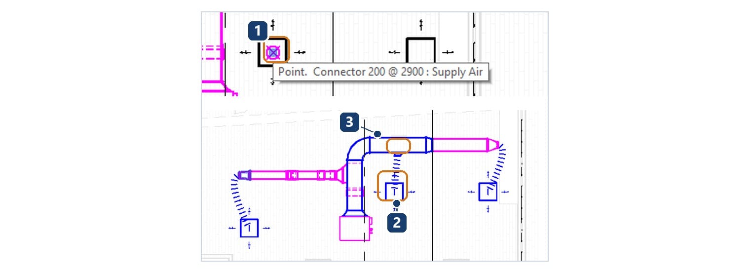 1 thanh trạng thái đọc đúng tên connector của miệng gió; 2 miệng gió và đoạn ống mềm vừa nối; 3 cổ nối tròn Revit tự chèn trên ống chính