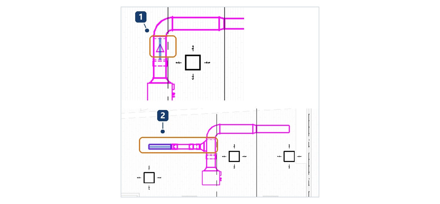 1 điểm bắt trên tim ống chính; 2 nhánh 250 × 200 với tê và côn thu do Revit chèn