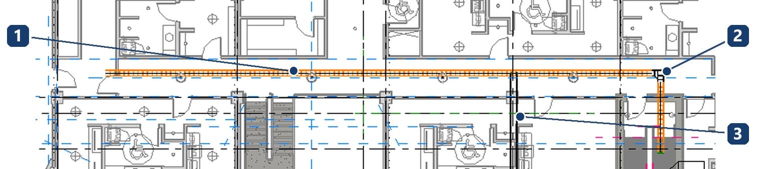 1 thang cáp chạy dọc hành lang tầng điển hình; 2 chỗ rẽ xuống hộp kỹ thuật; 3 ống luồn dây điện rẽ khỏi máng