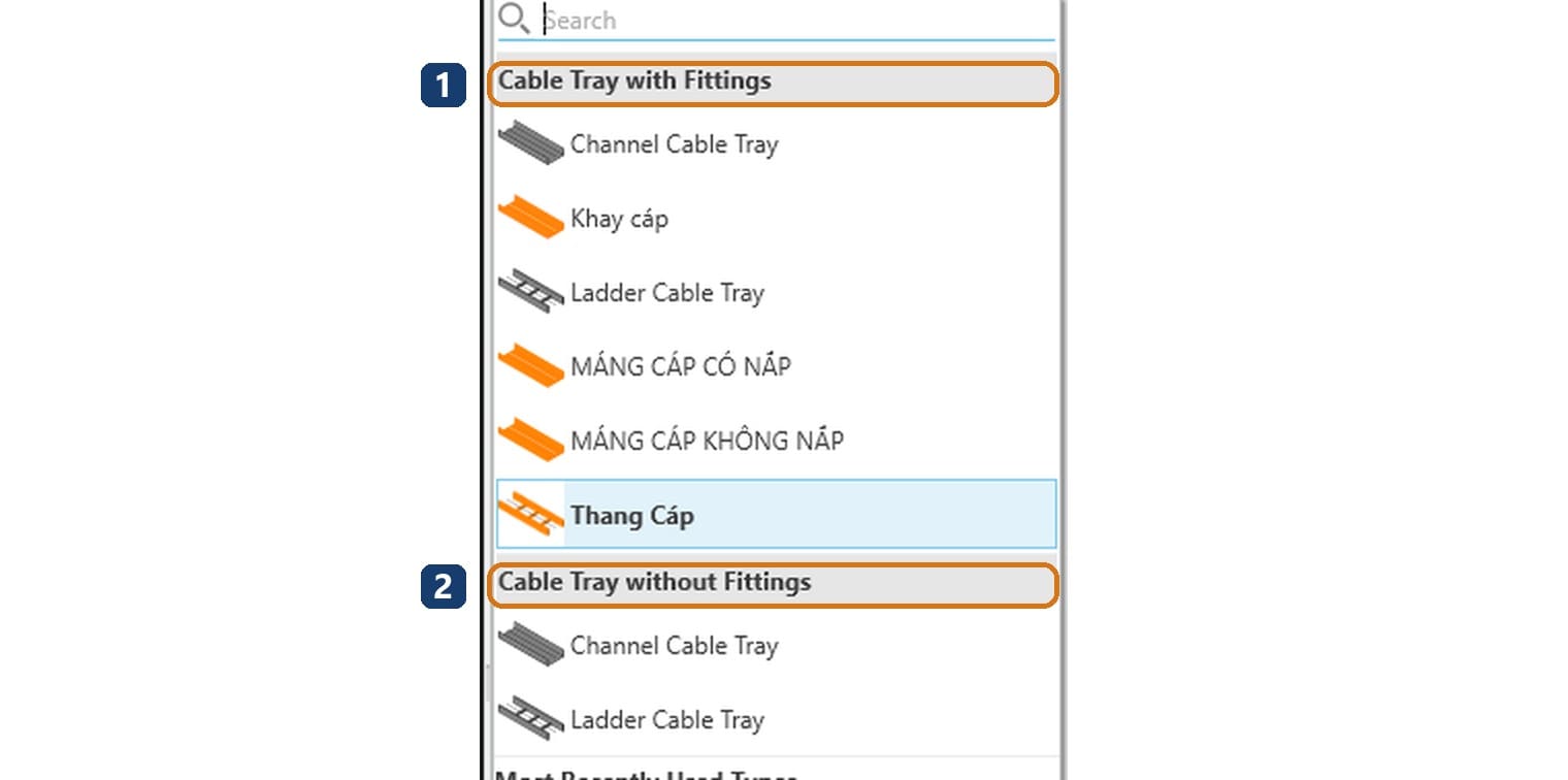 1 nhóm Cable Tray with Fittings, mỗi lần rẽ sinh một phụ kiện rời; 2 nhóm Cable Tray without Fittings, đoạn uốn tính vào tuyến