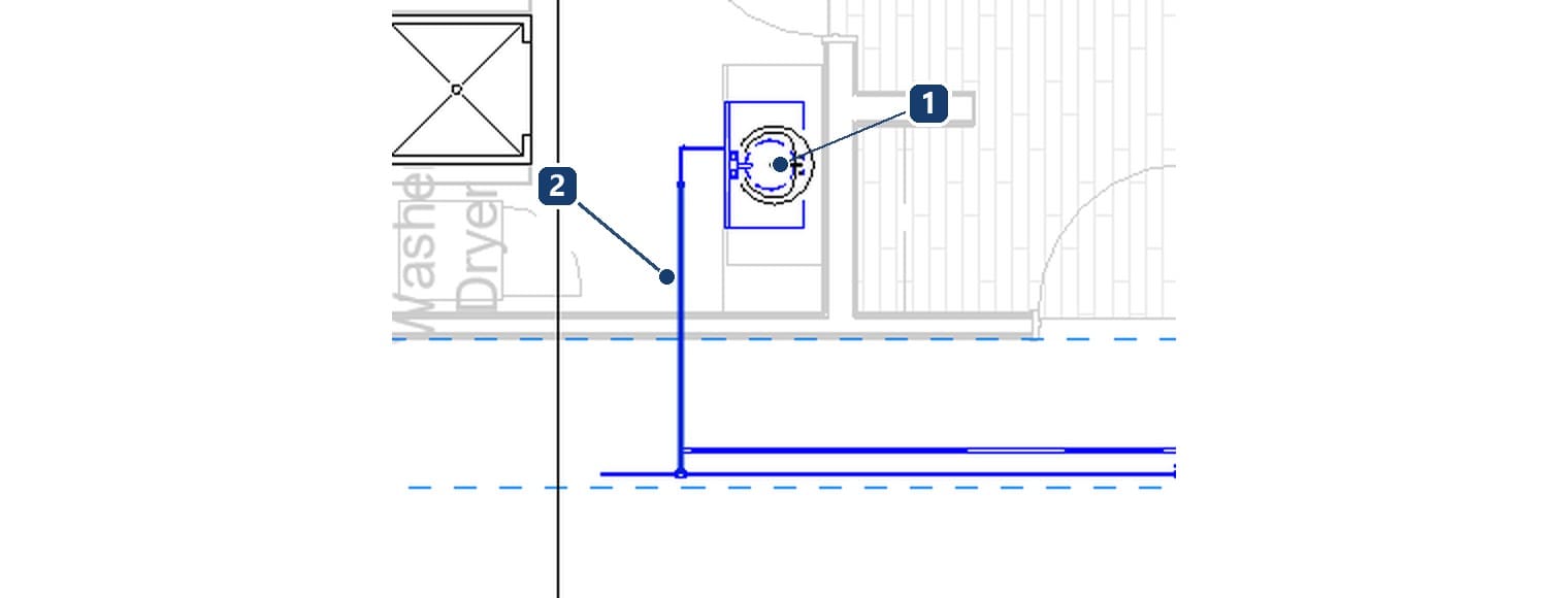 1 đoạn ống Revit tự vẽ tới đầu nối nước lạnh của lavabo, 2 nhánh cũ; hai đoạn cùng một hệ nên đổi màu, đổi bộ lọc là đổi theo