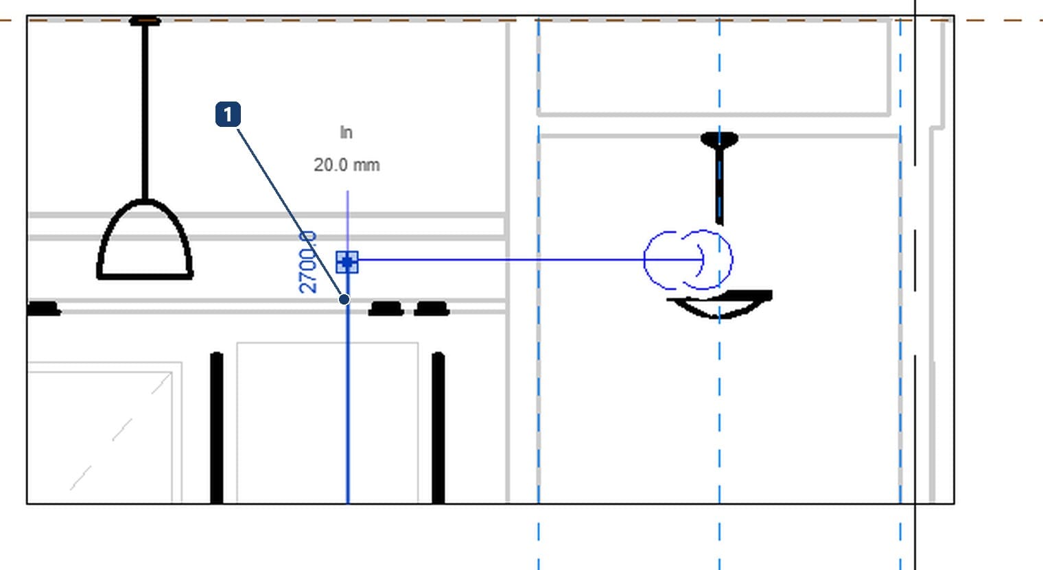 1 đoạn ống đứng D20 nối từ cao độ 2700 mm xuống 612 mm; kích thước tạm và nhãn đầu nối hiện ngay lúc vẽ