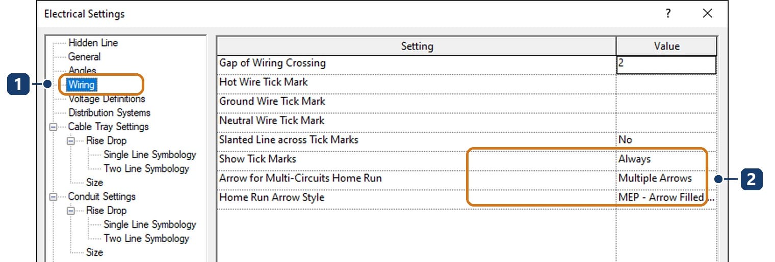 1 nhánh Wiring trong hộp Electrical Settings; 2 cách hiện vạch dây và mũi tên home run — phần còn lại của nhánh này thuần về hiển thị