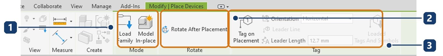 1 panel Mode với Load Family; 2 Rotate After Placement; 3 Tag on Placement cùng ô Orientation và Leader