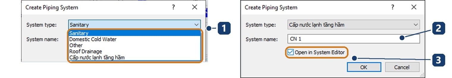 The Create Piping System dialog