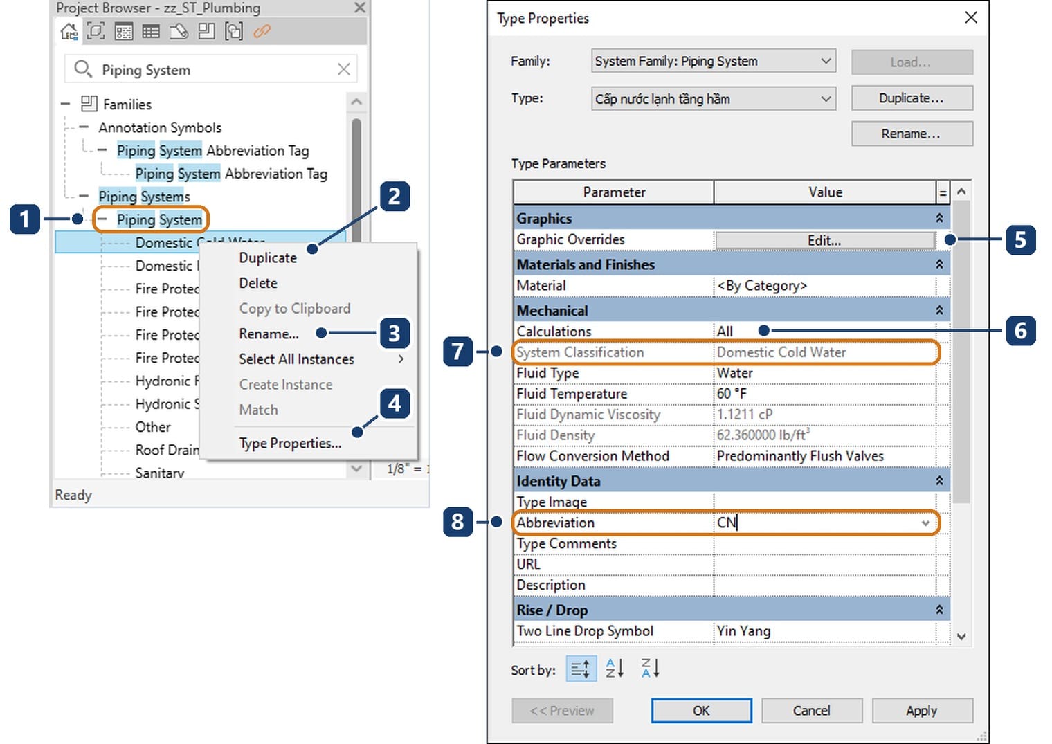 System types in the Project Browser and the Type Properties dialog