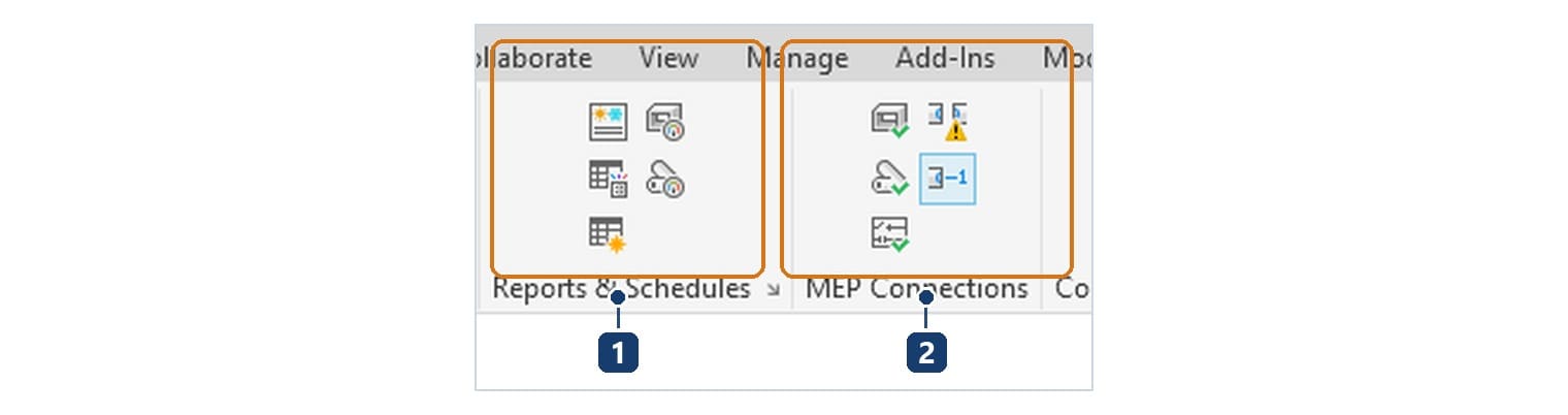 Tab Analyze: 1 panel Reports & Schedules, nơi có báo cáo tổn thất áp; 2 panel MEP Connections với Check Duct Systems, Check Pipe Systems và Show Disconnects
