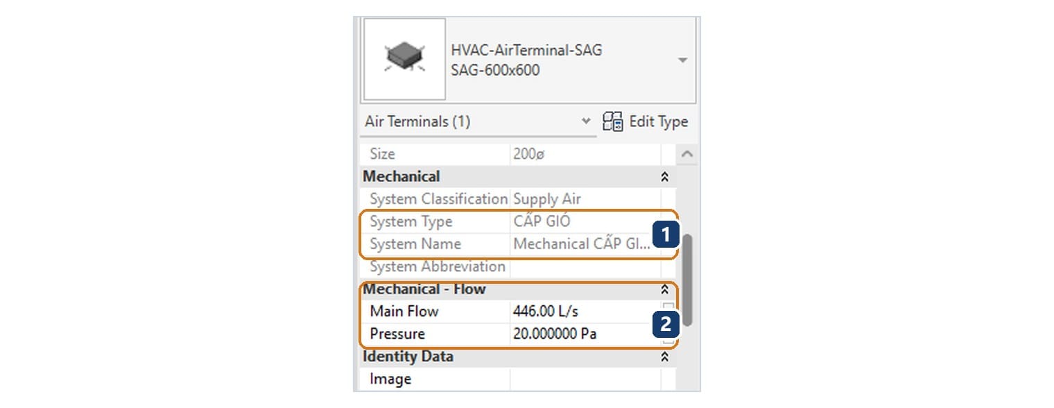Properties của miệng gió: 1 hệ thống mà nó thuộc về, System Type và System Name; 2 nhóm Mechanical - Flow, chỗ khai lưu lượng