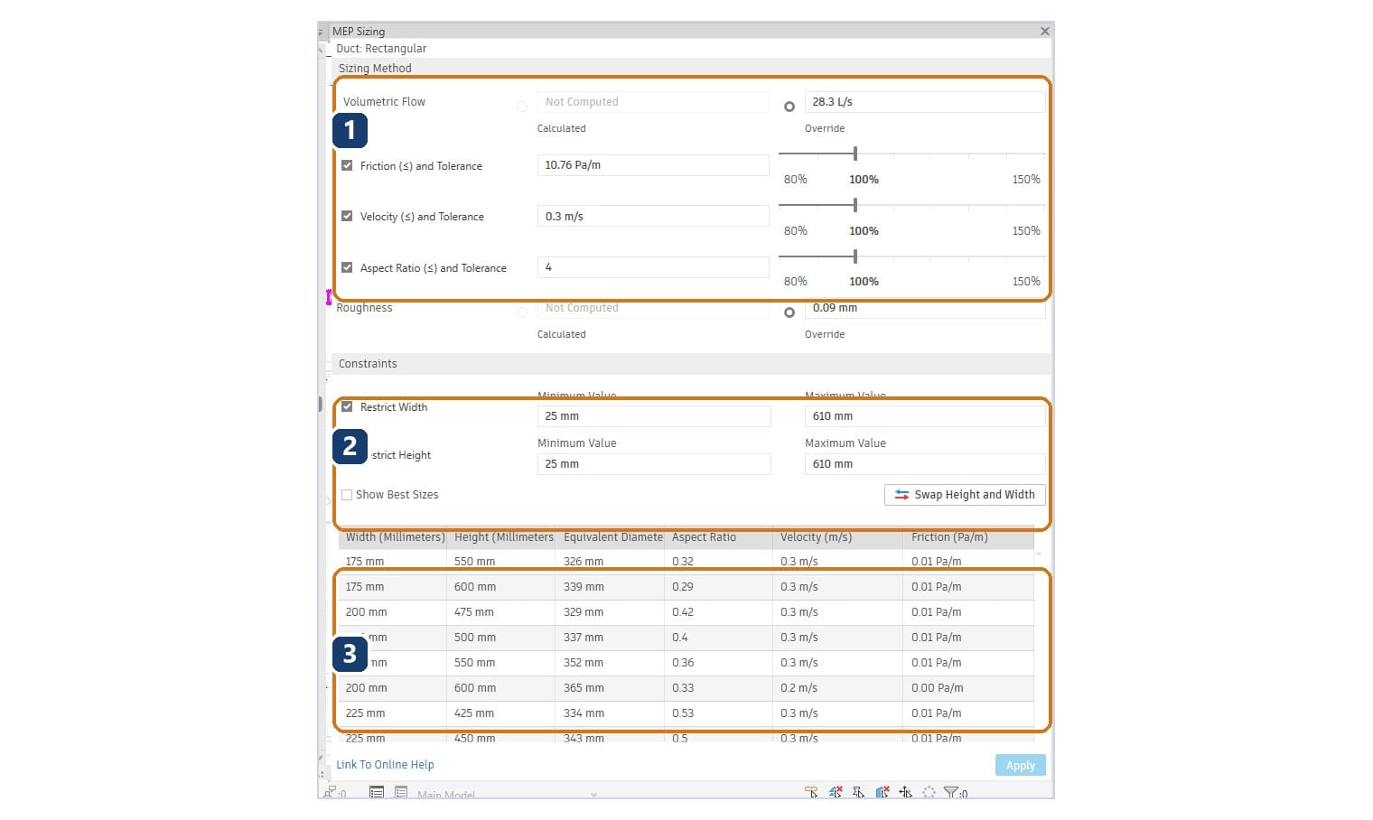 1 nhóm Sizing Method với ba điều kiện và thanh trượt dung sai; 2 nhóm Constraints, giới hạn cỡ và Show Best Sizes; 3 bảng cỡ thoả điều kiện kèm đường kính tương đương, vận tốc và ma sát