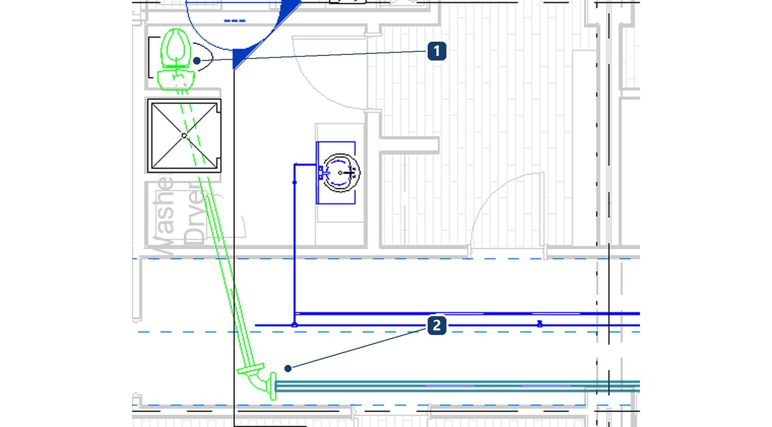 1 bồn cầu, 2 đoạn ống Revit tự vẽ tới tuyến thoát, kèm co ở chỗ đổi hướng