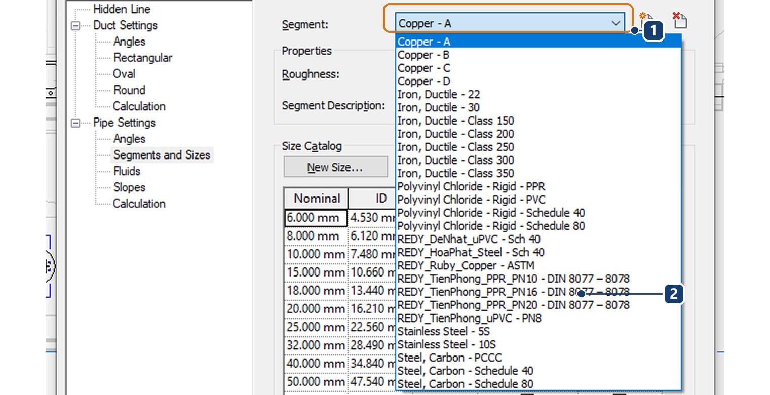 1 the Segment box lists every segment in the project, 2 segments built from local manufacturers' catalogues