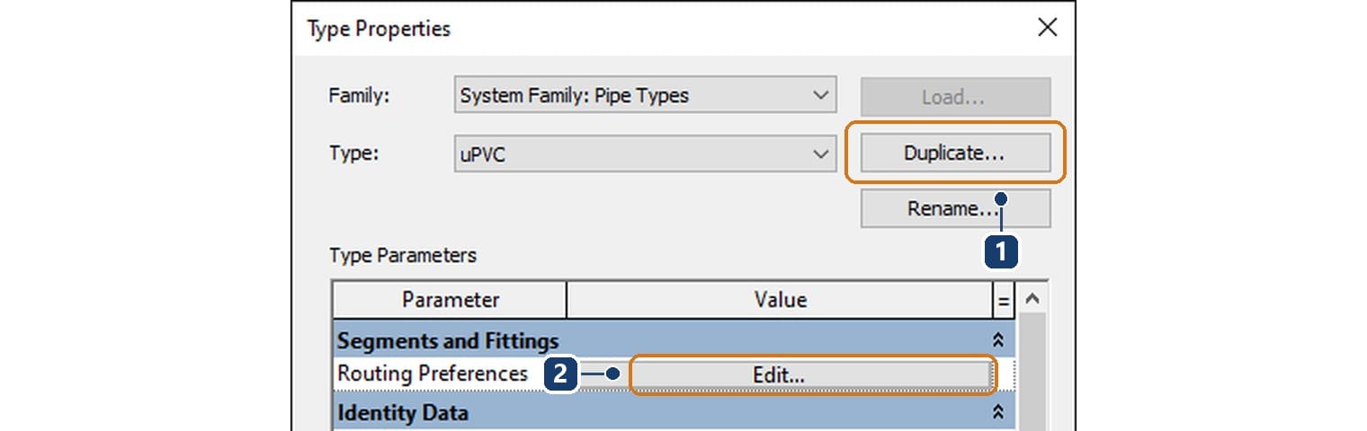 1 Duplicate creates the new type, 2 the Edit button of Routing Preferences