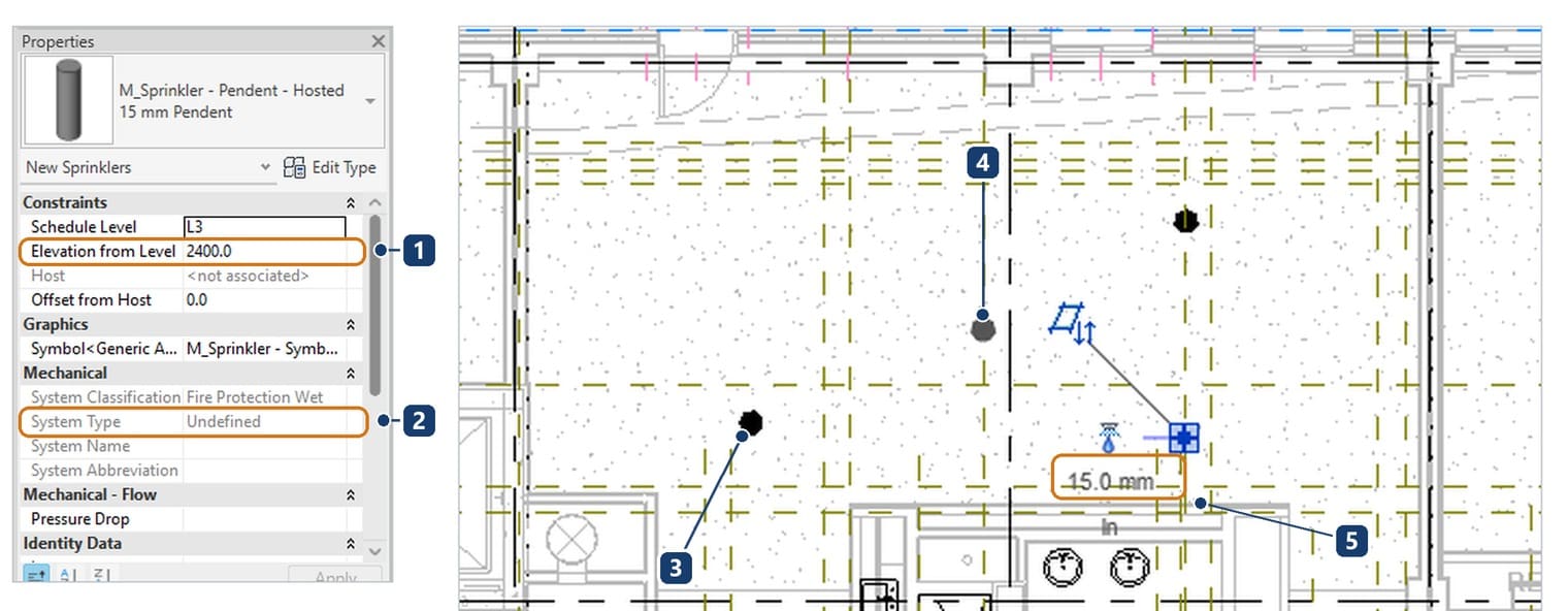 1 the elevation read from the ceiling face, 2 System Type is still Undefined because the head belongs to no system yet, 3 heads already placed, 4 the preview at the cursor, 5 the 15.0 mm connector label drawn in the view, new in the 2027 release
