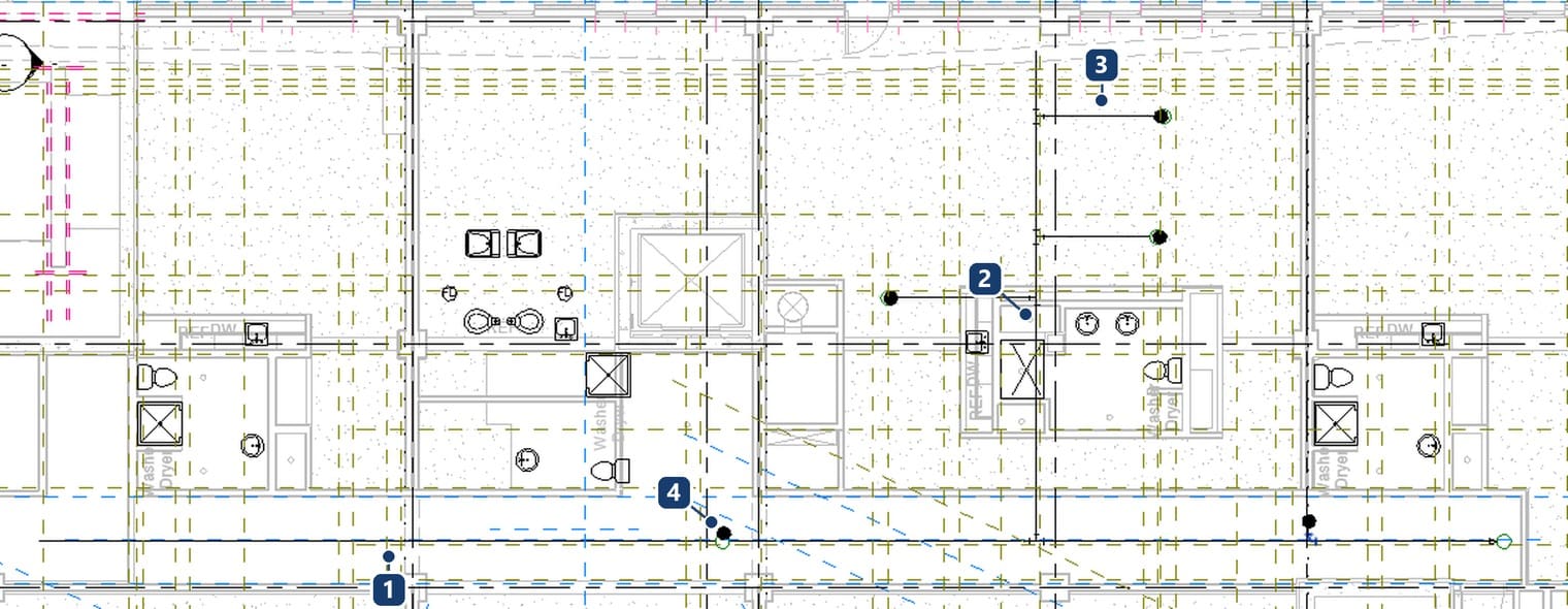 1 the main along the corridor, 2 the branch into the apartment with its generated tee, 3 the horizontal run to a head, 4 a head directly under the main, connected with Connect Into