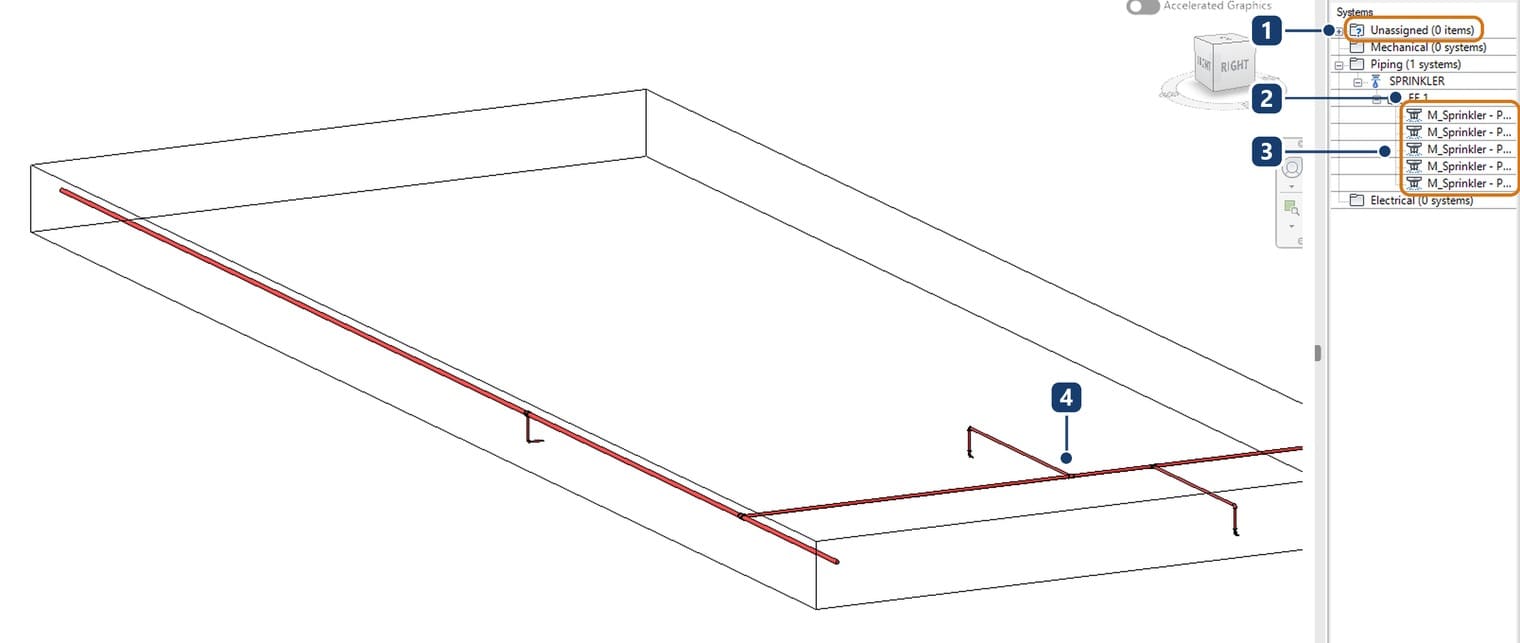 1 Unassigned reading 0, so nothing is orphaned, 2 the system name Revit built from the abbreviation of the system type, 3 the heads in the system, 4 the pipe network in the 3D view