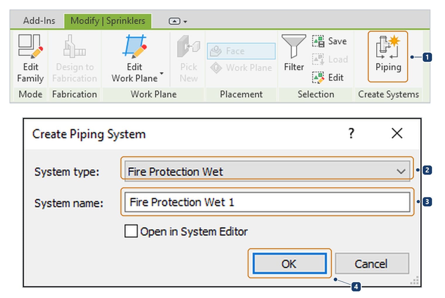 1 the Piping button in the Create Systems panel, 2 the system type, 3 the name Revit proposes, 4 the OK button