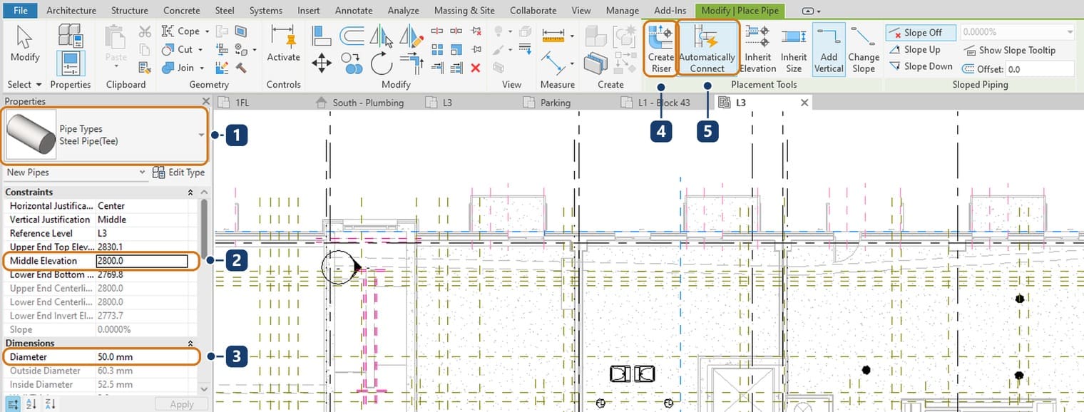 1 the pipe type in the Type Selector, 2 centreline elevation, 3 diameter, 4 the Create Riser button, 5 Automatically Connect, which snaps onto existing connectors