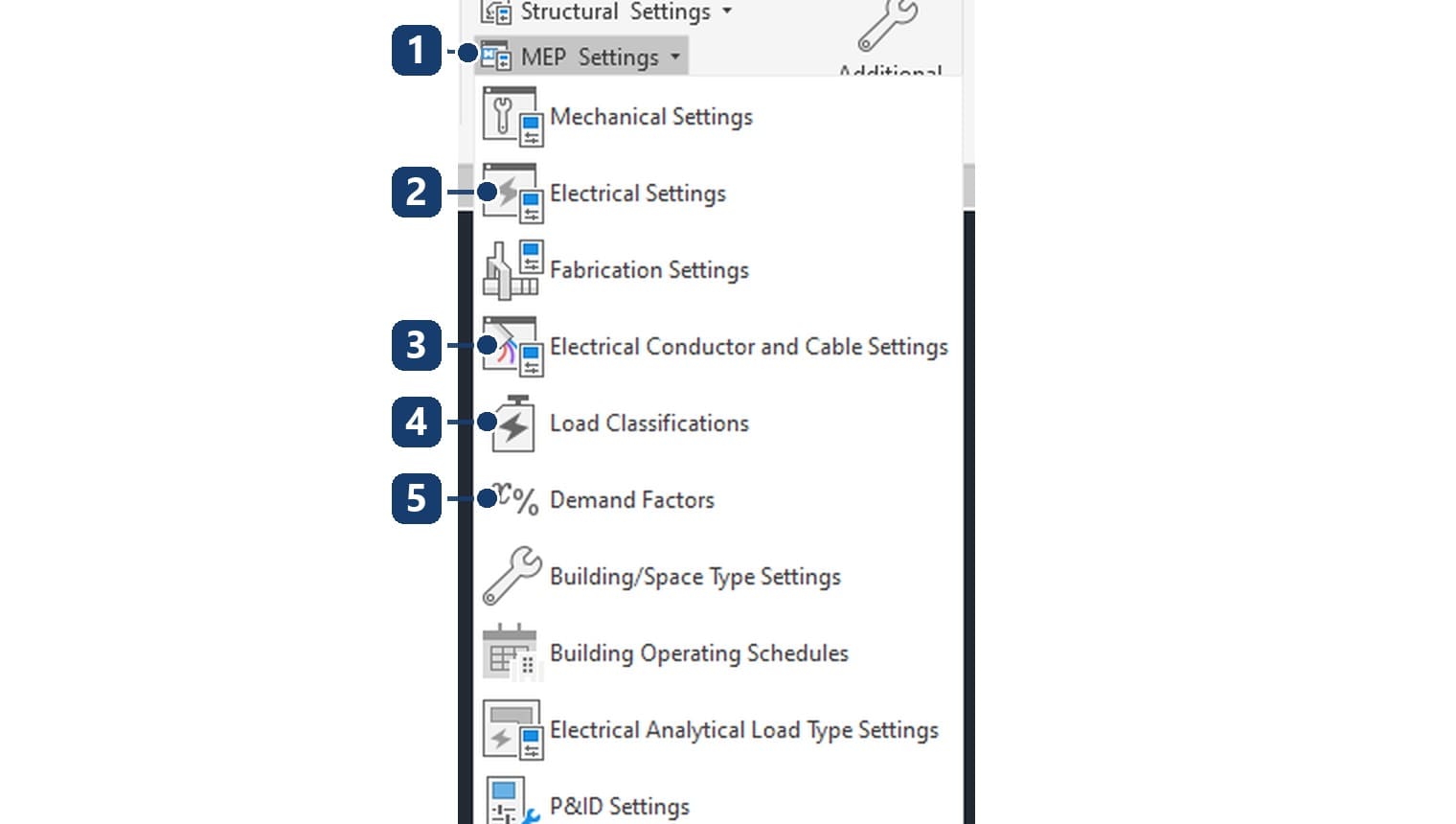 Menu MEP Settings: 1 nút mở menu, 2 Electrical Settings, 3 hộp khai cáp mới từ bản 2026, 4 và 5 hai hộp dùng ở phần cuối bài