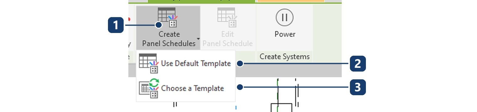 1 nút Create Panel Schedules, 2 dùng mẫu mặc định, 3 chọn mẫu khác