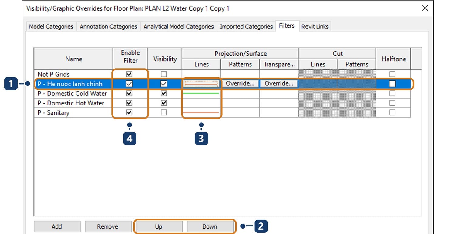 Bảng Filters trong Visibility/Graphics