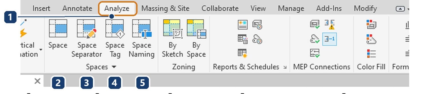 Panel Spaces trên tab Analyze của Revit 2027