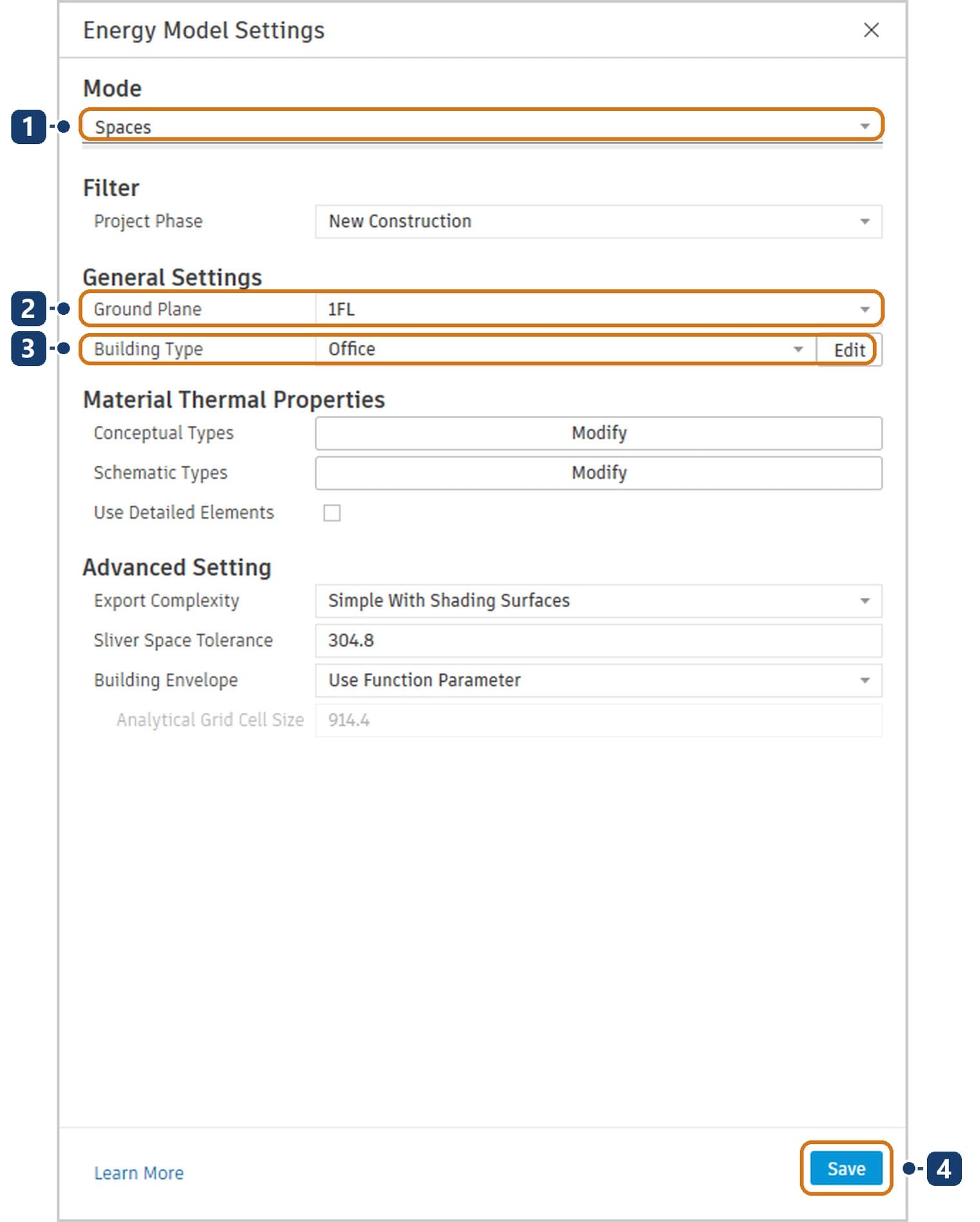 Mode set to Spaces 1, Ground Plane 2, Building Type 3 and the Save button 4