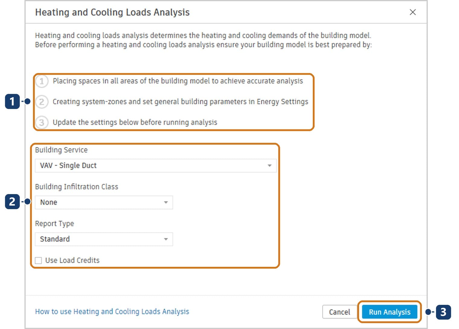 The three preparatory jobs 1, the four settings 2 and the Run Analysis button 3