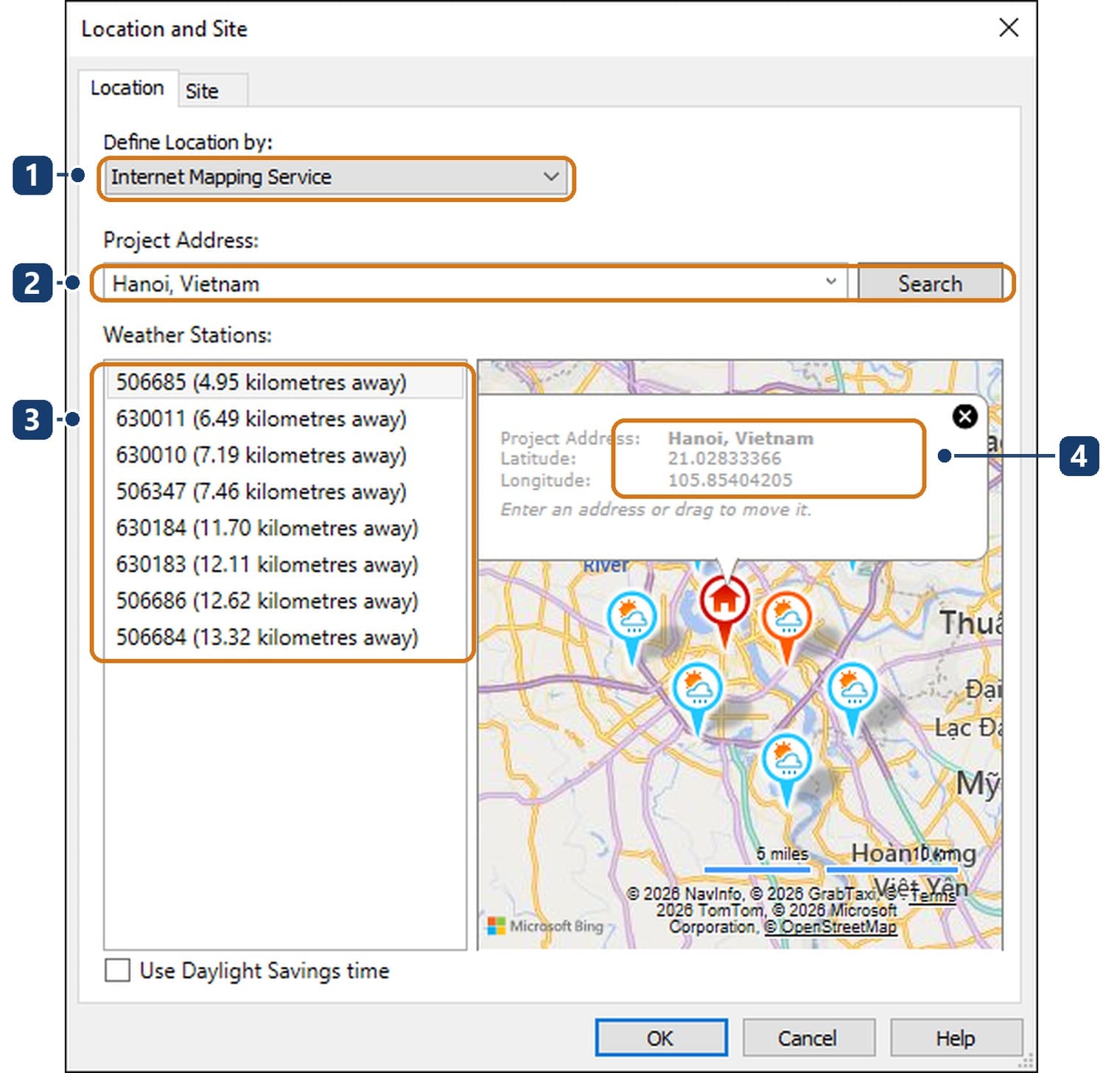 The Location and Site dialog after the project address has been set in Hanoi, with the nearest weather stations listed
