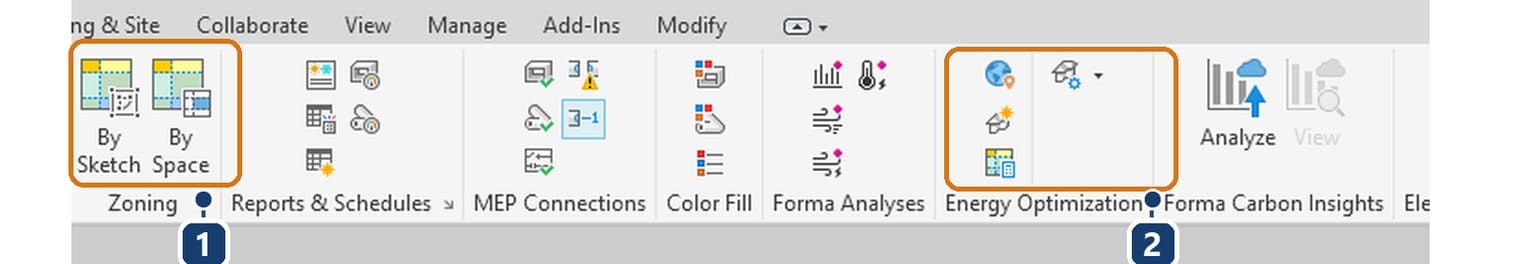 The Zoning panel with By Sketch and By Space 1; the Energy Optimization panel with Location, Energy Model Settings, Create Energy Model and Systems Analysis 2