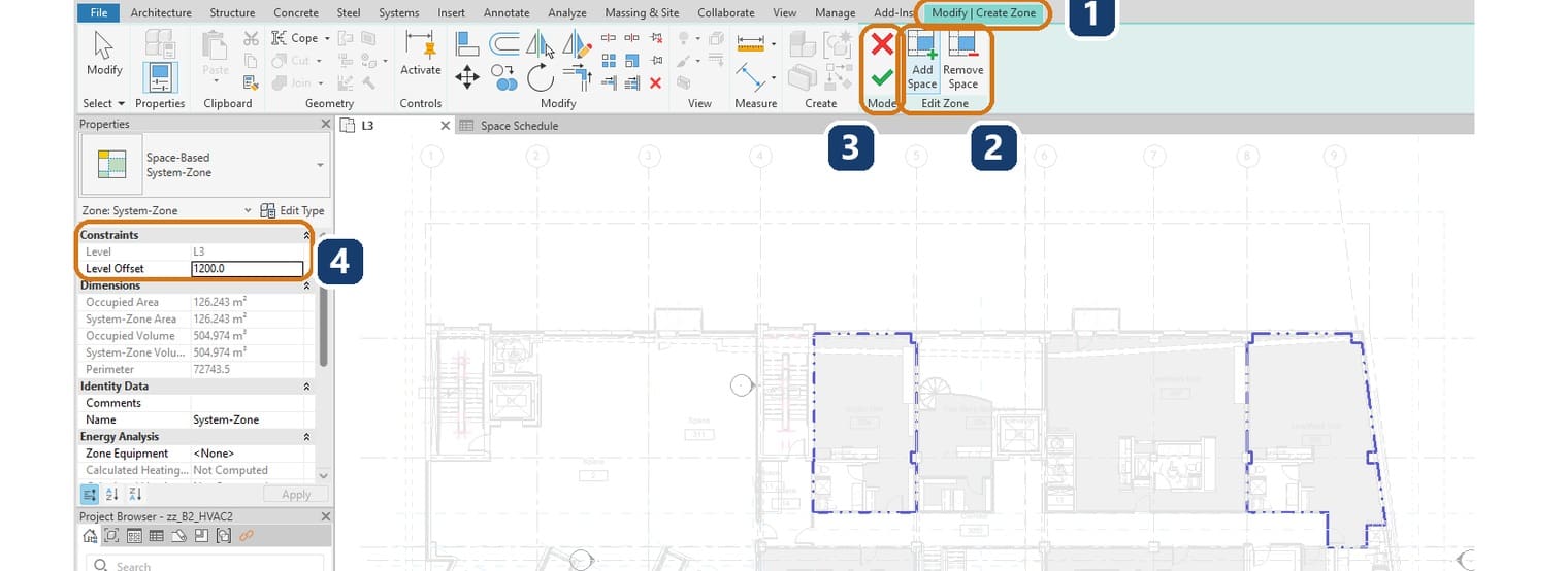 The Modify Create Zone tab 1, the Add Space and Remove Space buttons 2, the green tick that ends the command 3 and Level Offset in Properties 4